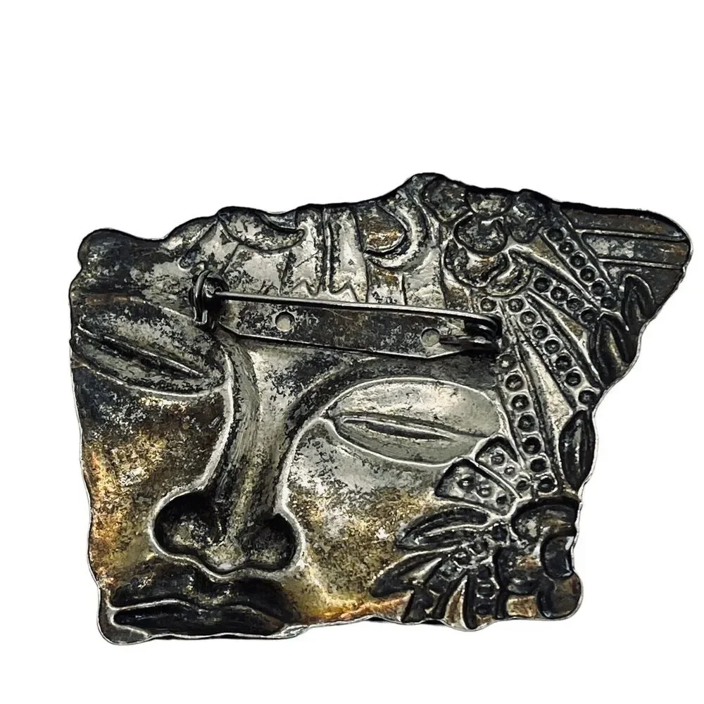 Face Brooch Pin Art Nouveau Silver Tone Fragment Style Retro Chic Aged Floral